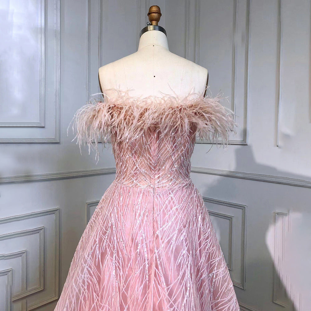 Arabic Pink A-Line Sexy Bot Neck Feather Beaded Luxury Evening Dresses Gowns 2025 For Women Wedding Party LA71726