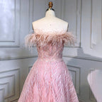 Arabic Pink A-Line Sexy Bot Neck Feather Beaded Luxury Evening Dresses Gowns 2025 For Women Wedding Party LA71726