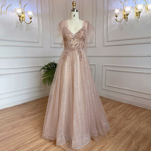 Vestido largo árabe rosa de corte A, sexy, con escote en V y cuentas, de lujo, estilo Dubái, para fiesta de 2025, LA71904 