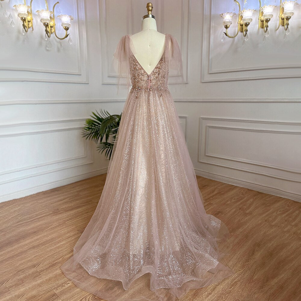Vestido largo árabe rosa de corte A, sexy, con escote en V y cuentas, de lujo, estilo Dubái, para fiesta de 2025, LA71904 