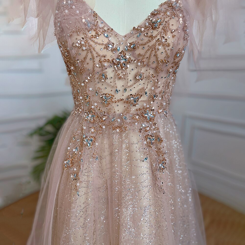 Arabisch Rosa A-Linie Sexy V-Ausschnitt Perlen Luxus Dubai Langes Abendkleid 2025 Kleider für Frauen Party LA71904 