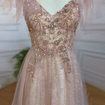 Vestido largo árabe rosa de corte A, sexy, con escote en V y cuentas, de lujo, estilo Dubái, para fiesta de 2025, LA71904 