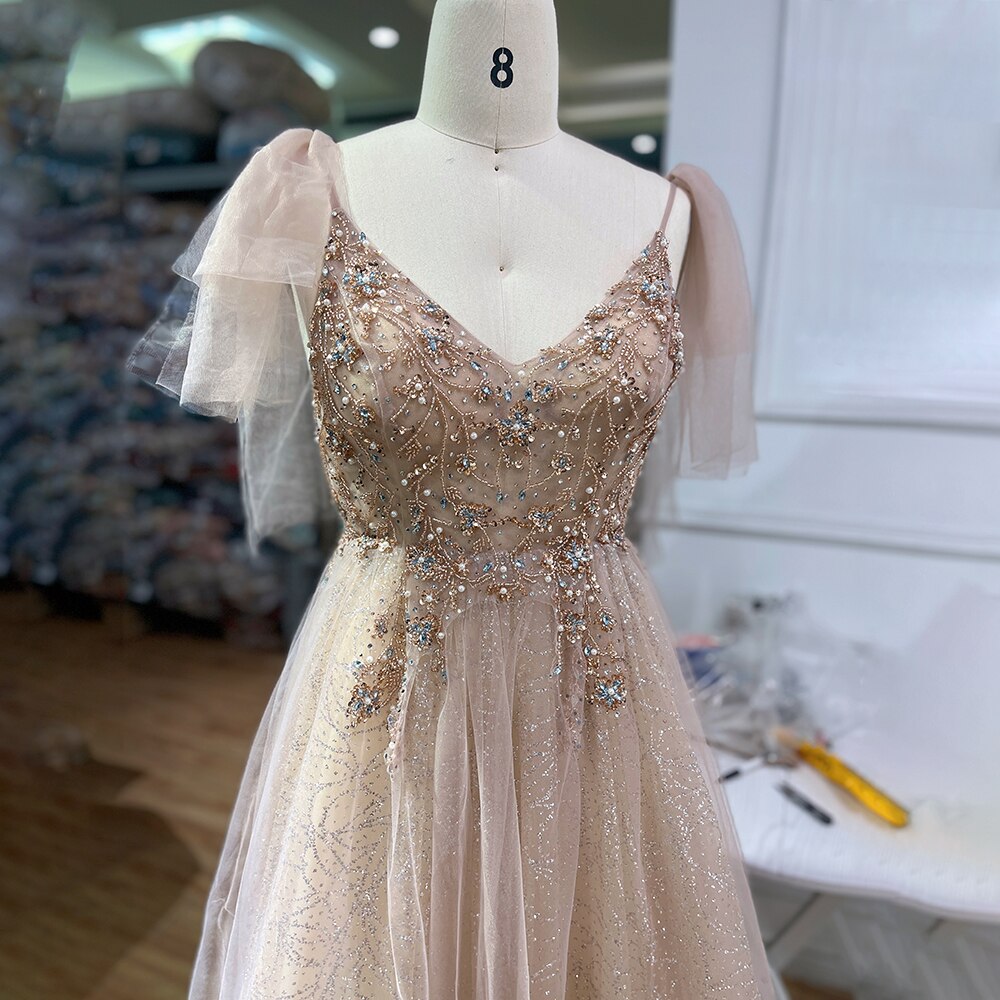 Arabisch Rosa A-Linie Sexy V-Ausschnitt Perlen Luxus Dubai Langes Abendkleid 2025 Kleider für Frauen Party LA71904 