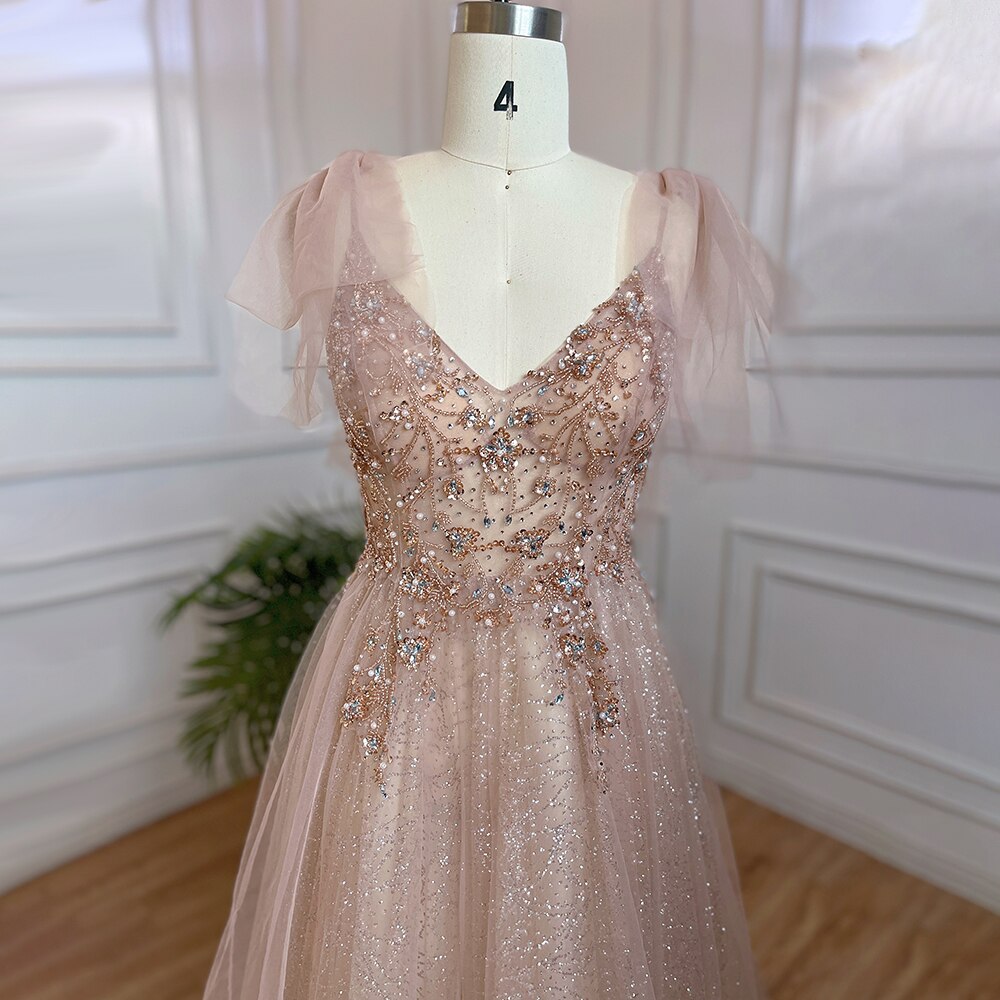 Vestido largo árabe rosa de corte A, sexy, con escote en V y cuentas, de lujo, estilo Dubái, para fiesta de 2025, LA71904 