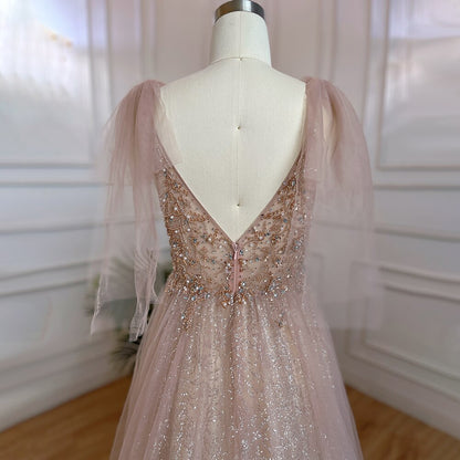 Vestido largo árabe rosa de corte A, sexy, con escote en V y cuentas, de lujo, estilo Dubái, para fiesta de 2025, LA71904 