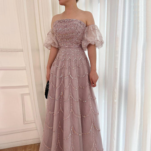 Vestido de noche largo, elegante, estilo sirena, sexy, sin tirantes, con cuentas, color rosa árabe, para mujer, para fiesta de boda 2025 LA72130 