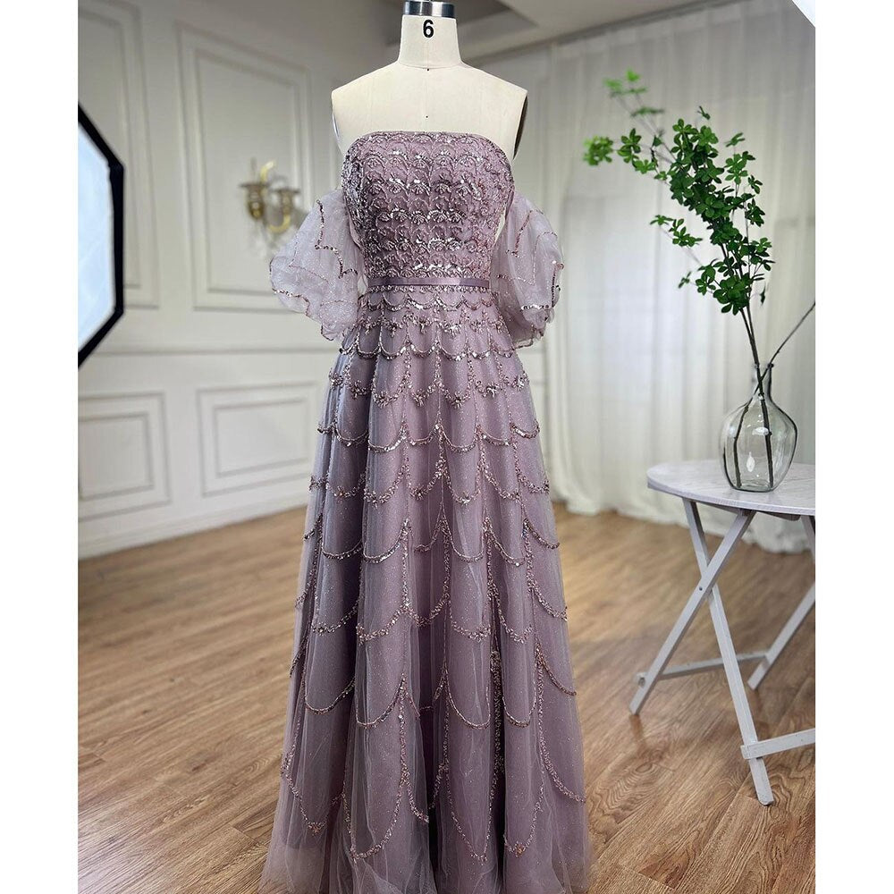 Vestido de noche largo, elegante, estilo sirena, sexy, sin tirantes, con cuentas, color rosa árabe, para mujer, para fiesta de boda 2025 LA72130 