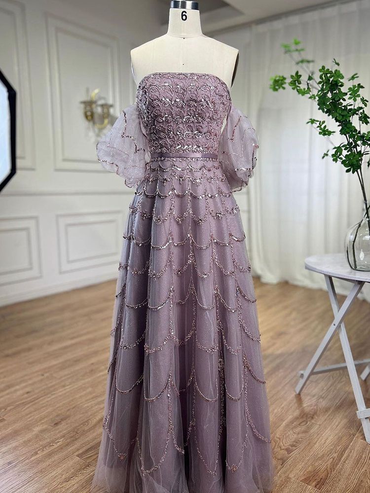 Vestido de noche largo, elegante, estilo sirena, sexy, sin tirantes, con cuentas, color rosa árabe, para mujer, para fiesta de boda 2025 LA72130 