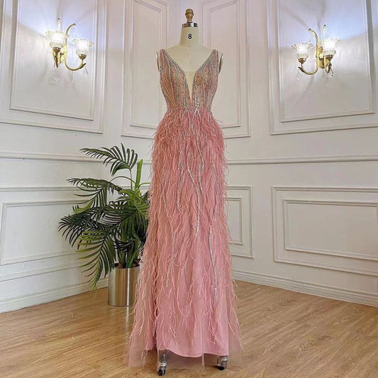 Vestido de noche árabe elegante de sirena, rosa, sexy, con escote en V, de lujo, con cuentas y plumas, 2025, para mujer, fiesta, LA71900 
