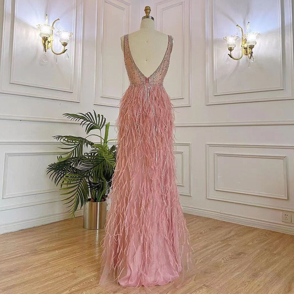 Vestido de noche árabe elegante de sirena, rosa, sexy, con escote en V, de lujo, con cuentas y plumas, 2025, para mujer, fiesta, LA71900 