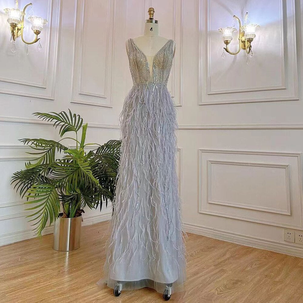Arabic Pink Elegant Mermaid Sexy V Neck Evening Dresses Gowns Luxury Beaded Feather 2025 For Women Party LA71900