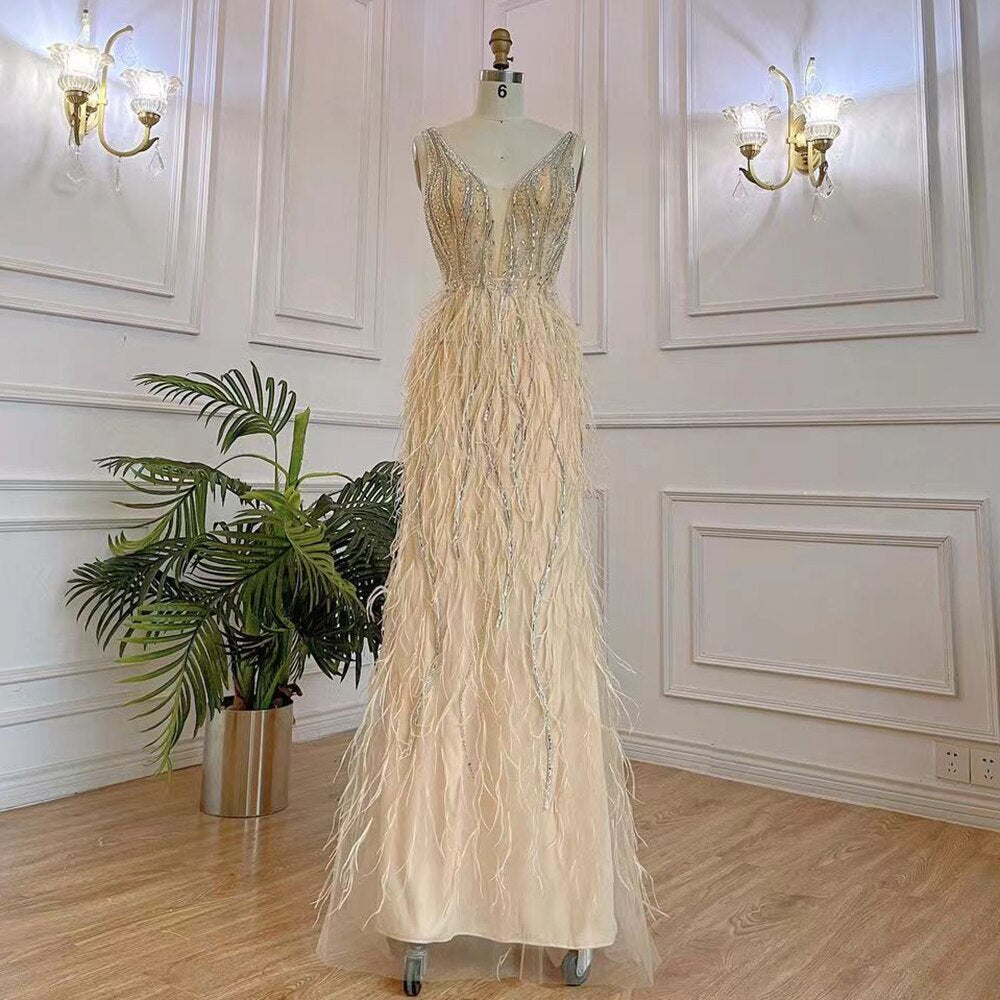 Vestido de noche árabe elegante de sirena, rosa, sexy, con escote en V, de lujo, con cuentas y plumas, 2025, para mujer, fiesta, LA71900 