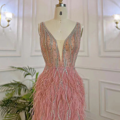 Vestido de noche árabe elegante de sirena, rosa, sexy, con escote en V, de lujo, con cuentas y plumas, 2025, para mujer, fiesta, LA71900 