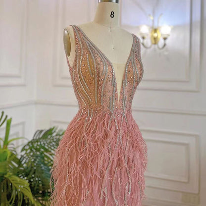 Vestido de noche árabe elegante de sirena, rosa, sexy, con escote en V, de lujo, con cuentas y plumas, 2025, para mujer, fiesta, LA71900 