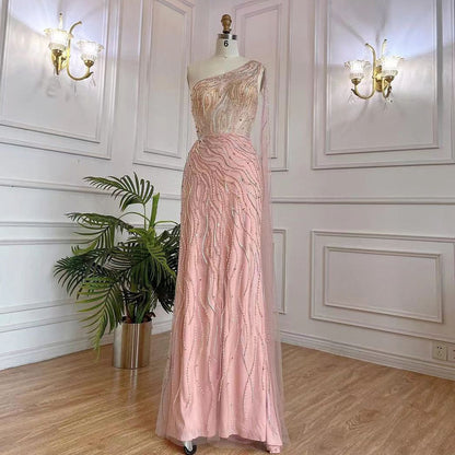 Vestido de noche largo elegante de sirena árabe rosa con un hombro al descubierto y cuentas, 2025, para mujer, fiesta nocturna, LA71901 