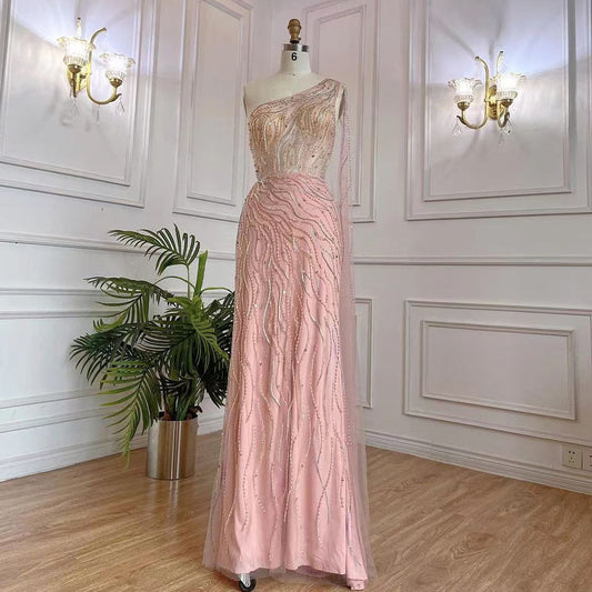 Vestido de noche largo elegante de sirena árabe rosa con un hombro al descubierto y cuentas, 2025, para mujer, fiesta nocturna, LA71901 