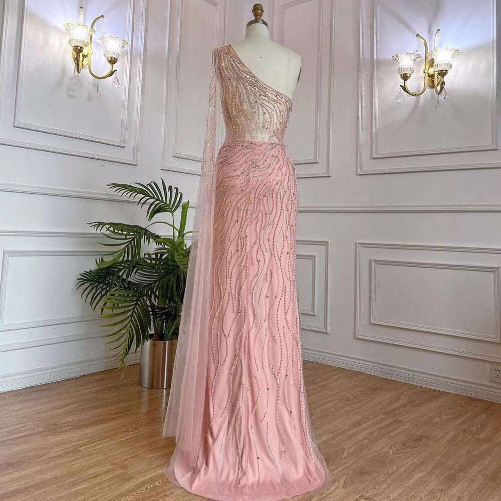 Vestido de noche largo elegante de sirena árabe rosa con un hombro al descubierto y cuentas, 2025, para mujer, fiesta nocturna, LA71901 