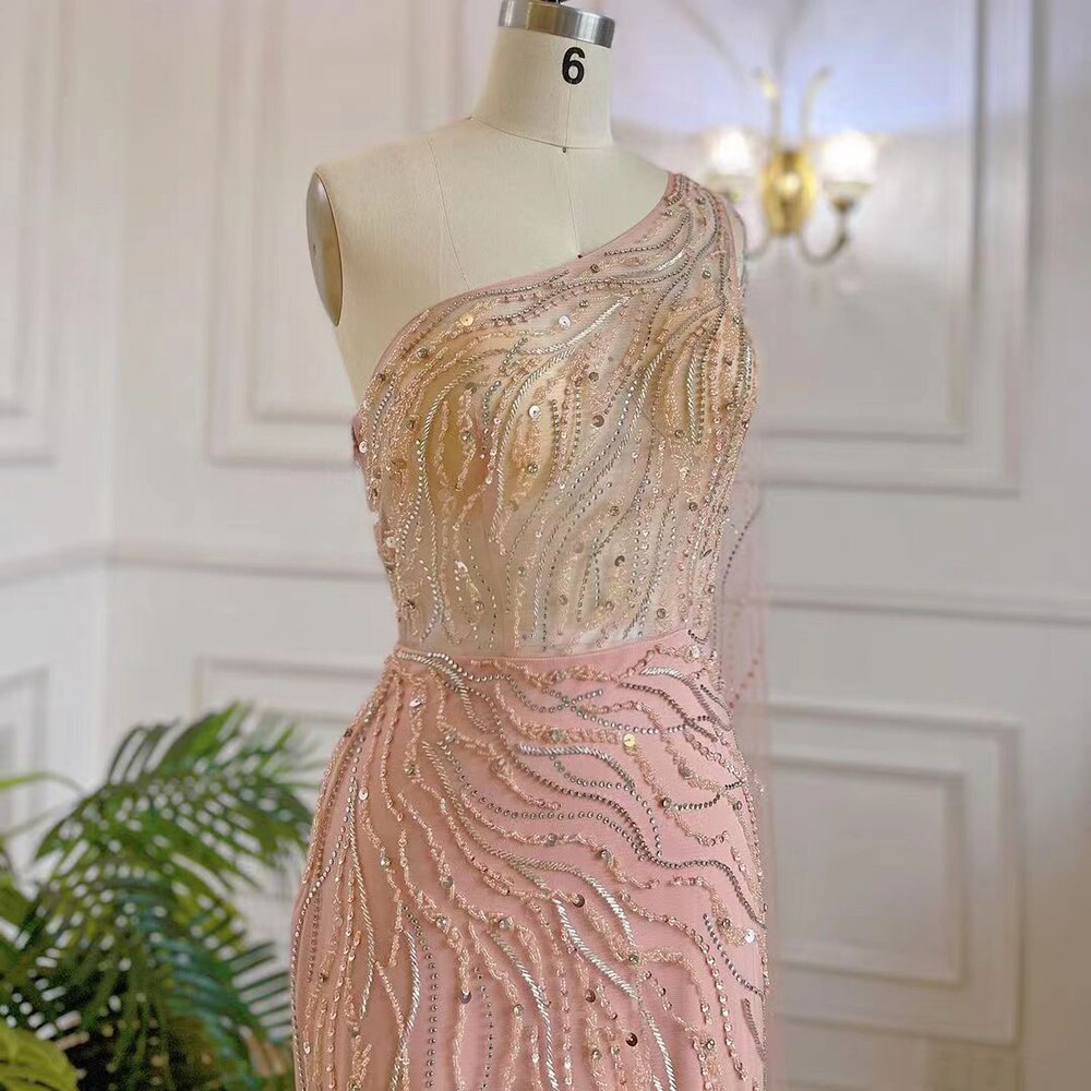 Vestido de noche largo elegante de sirena árabe rosa con un hombro al descubierto y cuentas, 2025, para mujer, fiesta nocturna, LA71901 