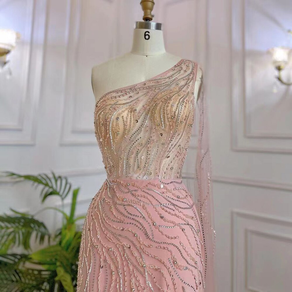 Vestido de noche largo elegante de sirena árabe rosa con un hombro al descubierto y cuentas, 2025, para mujer, fiesta nocturna, LA71901 
