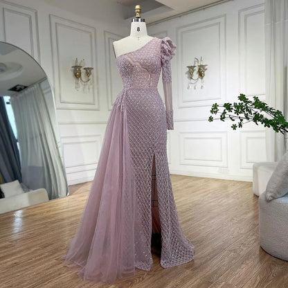 Vestido de noche elegante de sirena árabe rosa con un hombro al descubierto y cuentas de lujo para mujer, para boda, fiesta, 2025, LA72561 