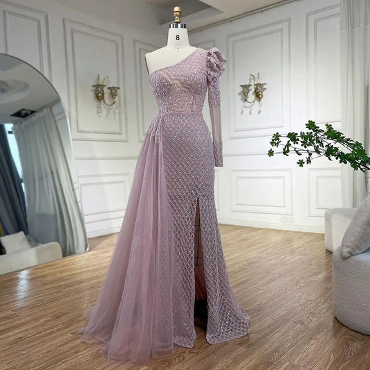 Vestido de noche elegante de sirena árabe rosa con un hombro al descubierto y cuentas de lujo para mujer, para boda, fiesta, 2025, LA72561 