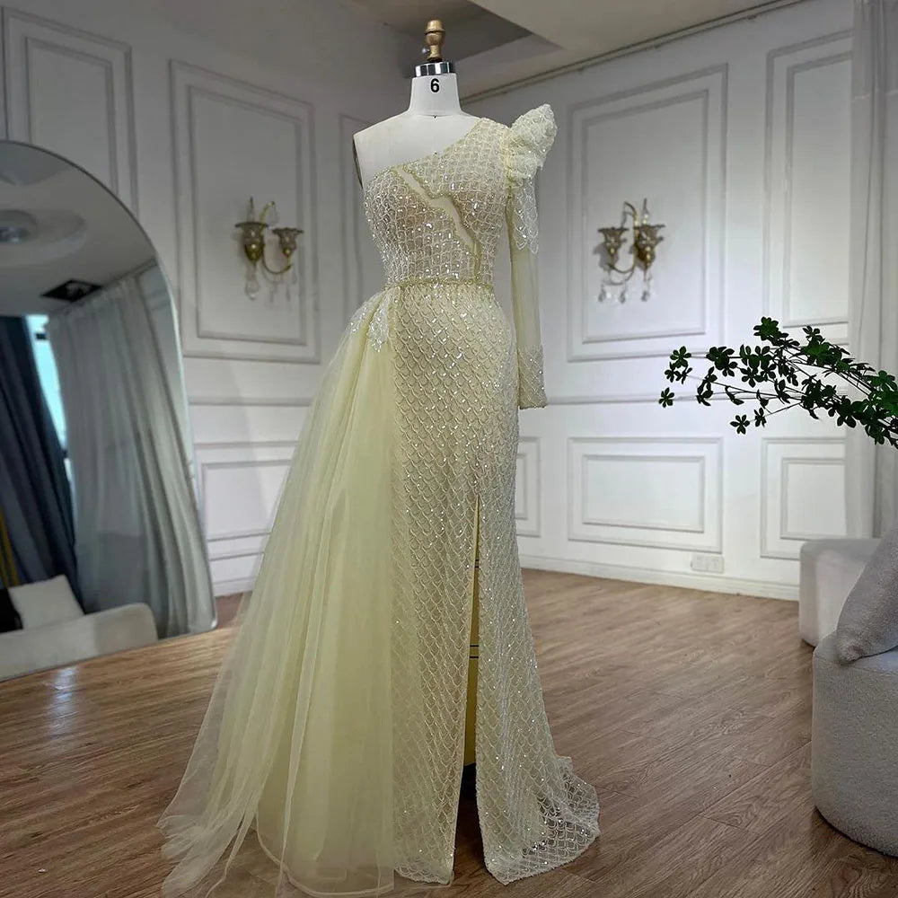 Vestido de noche elegante de sirena árabe rosa con un hombro al descubierto y cuentas de lujo para mujer, para boda, fiesta, 2025, LA72561 