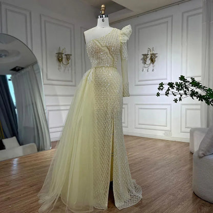 Vestido de noche elegante de sirena árabe rosa con un hombro al descubierto y cuentas de lujo para mujer, para boda, fiesta, 2025, LA72561 