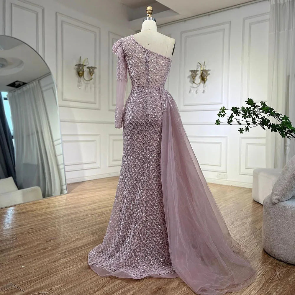 Vestido de noche elegante de sirena árabe rosa con un hombro al descubierto y cuentas de lujo para mujer, para boda, fiesta, 2025, LA72561 