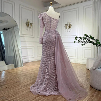Vestido de noche elegante de sirena árabe rosa con un hombro al descubierto y cuentas de lujo para mujer, para boda, fiesta, 2025, LA72561 