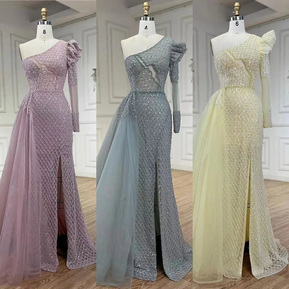 Vestido de noche elegante de sirena árabe rosa con un hombro al descubierto y cuentas de lujo para mujer, para boda, fiesta, 2025, LA72561 