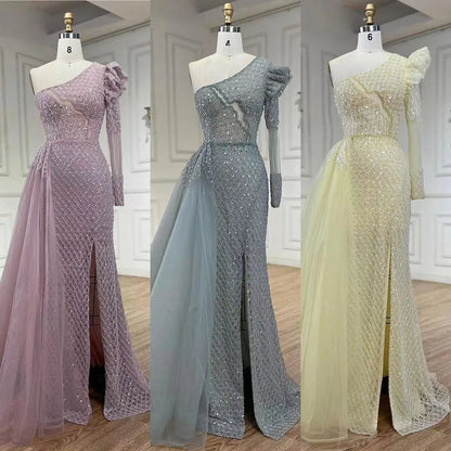 Vestido de noche elegante de sirena árabe rosa con un hombro al descubierto y cuentas de lujo para mujer, para boda, fiesta, 2025, LA72561 