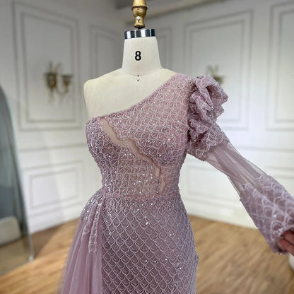 Vestido de noche elegante de sirena árabe rosa con un hombro al descubierto y cuentas de lujo para mujer, para boda, fiesta, 2025, LA72561 