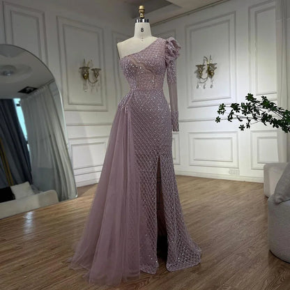 Vestido de noche elegante de sirena árabe rosa con un hombro al descubierto y cuentas de lujo para mujer, para boda, fiesta, 2025, LA72561 