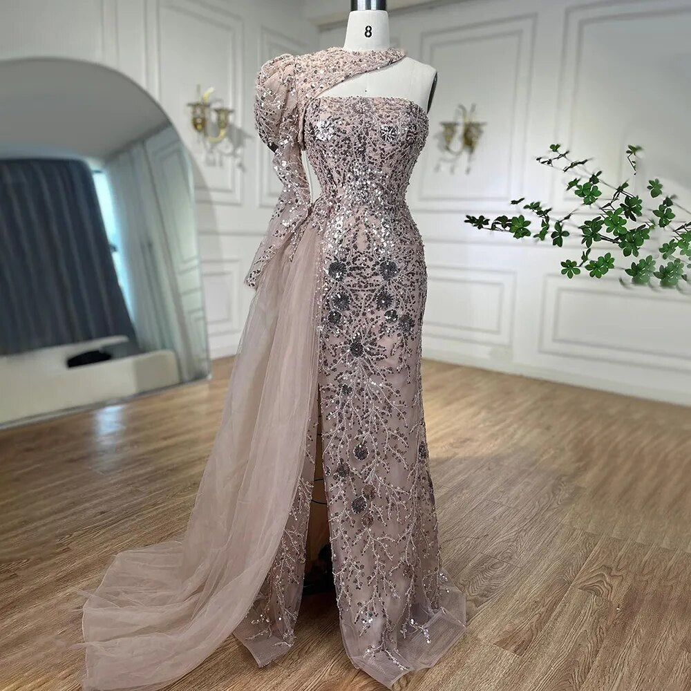 Arabisch Rosa Meerjungfrau Elegant Eine Schulter Perlen Split Abendkleider Kleider 2025 Für Frauen Hochzeit Party LA72188 