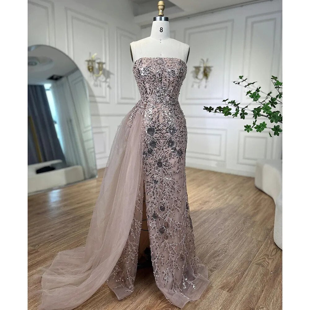 Arabisch Rosa Meerjungfrau Elegant Eine Schulter Perlen Split Abendkleider Kleider 2025 Für Frauen Hochzeit Party LA72188 