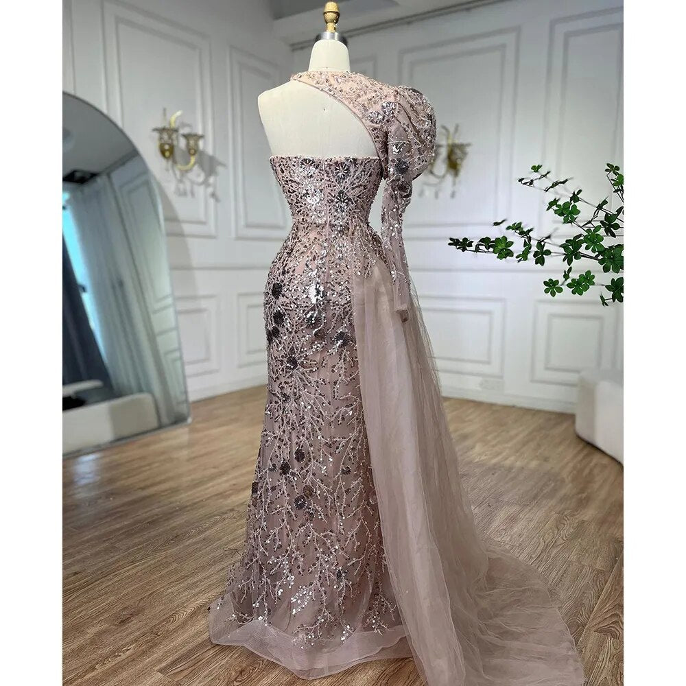 Arabic Pink Mermaid Elegant One Shoulder Beaded Split Evening Dresses Gowns 2025 For Women Wedding Party LA72188
