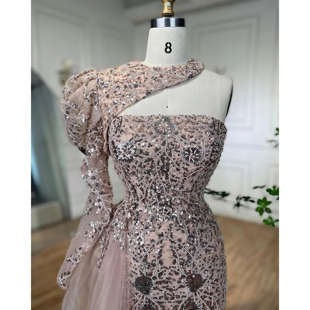 Arabisch Rosa Meerjungfrau Elegant Eine Schulter Perlen Split Abendkleider Kleider 2025 Für Frauen Hochzeit Party LA72188 