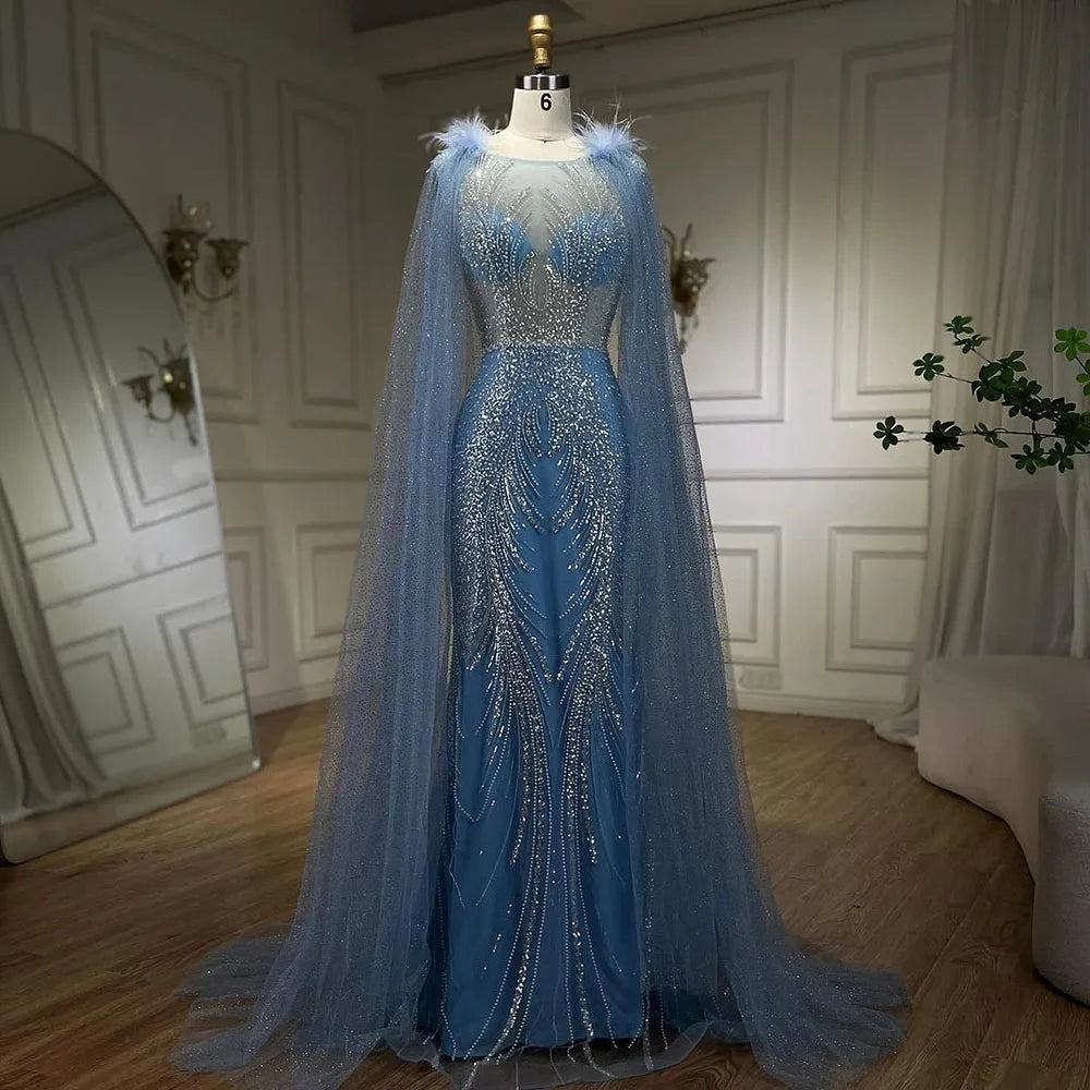 Vestido de noche árabe de sirena rosa con elegantes plumas de lujo y mangas de capa con cuentas para fiesta femenina 2025 LA71709A 