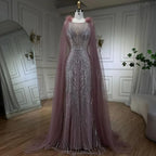 Arabic Pink Mermaid Evening Dress with Elegant Luxury Feathers Beaded Cape Sleeves for Women's Party 2025 LA71709A