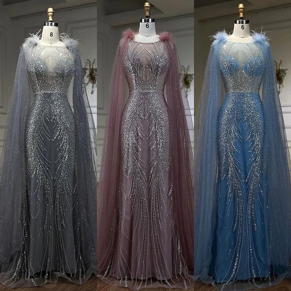 Arabic Pink Mermaid Evening Dress with Elegant Luxury Feathers Beaded Cape Sleeves for Women's Party 2025 LA71709A