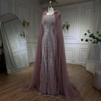 Arabic Pink Mermaid Evening Dress with Elegant Luxury Feathers Beaded Cape Sleeves for Women's Party 2025 LA71709A