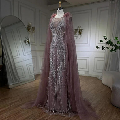 Vestido de noche árabe de sirena rosa con elegantes plumas de lujo y mangas de capa con cuentas para fiesta femenina 2025 LA71709A 
