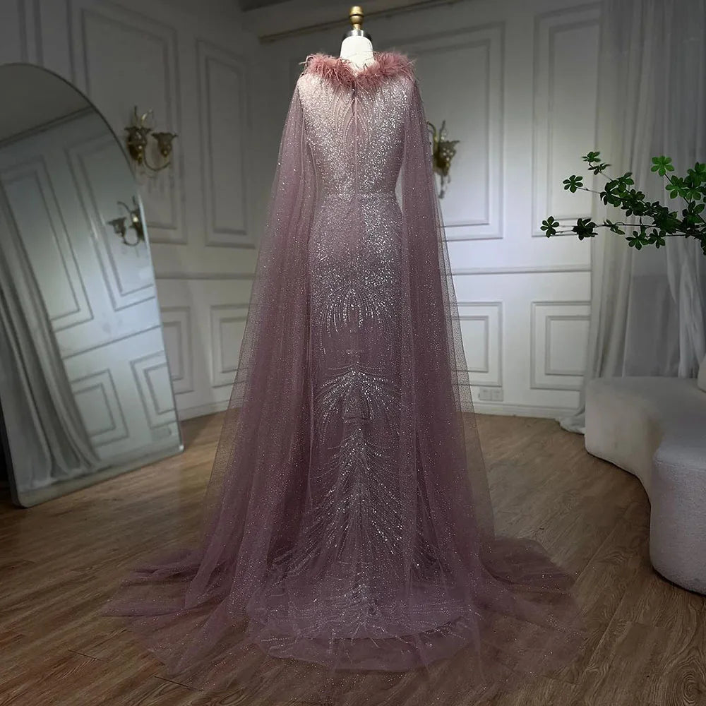Vestido de noche árabe de sirena rosa con elegantes plumas de lujo y mangas de capa con cuentas para fiesta femenina 2025 LA71709A 