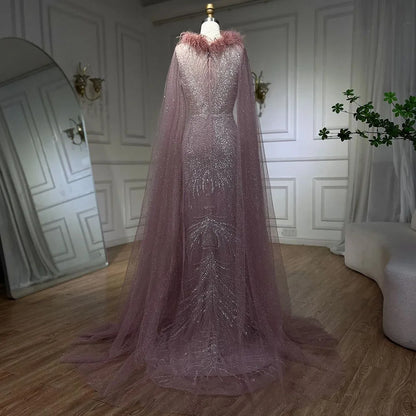 Vestido de noche árabe de sirena rosa con elegantes plumas de lujo y mangas de capa con cuentas para fiesta femenina 2025 LA71709A 