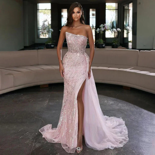Vestidos de noche elegantes de sirena árabe rosa de lujo con cuentas y sin tirantes 2025 para mujer fiesta LA71795 