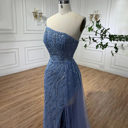 Vestidos de noche elegantes de sirena árabe rosa de lujo con cuentas y sin tirantes 2025 para mujer fiesta LA71795 