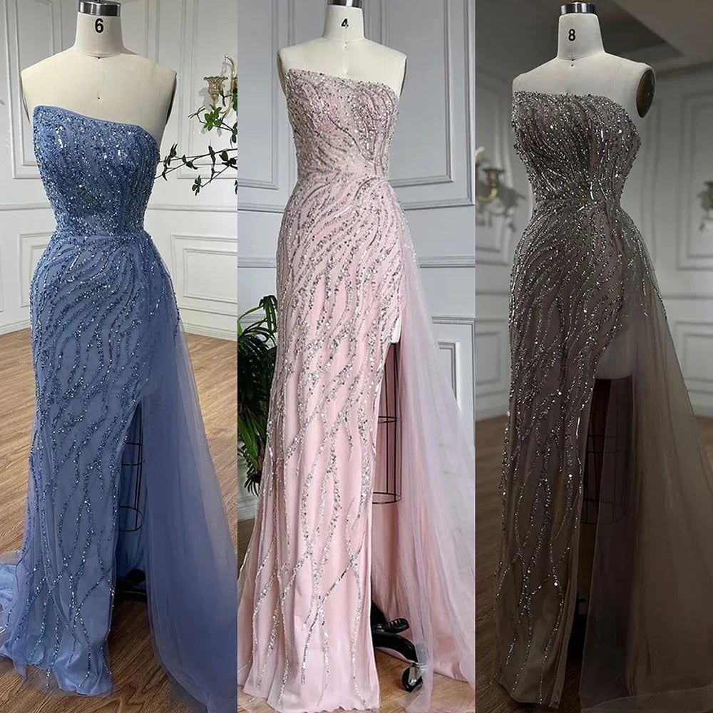 Vestidos de noche elegantes de sirena árabe rosa de lujo con cuentas y sin tirantes 2025 para mujer fiesta LA71795 
