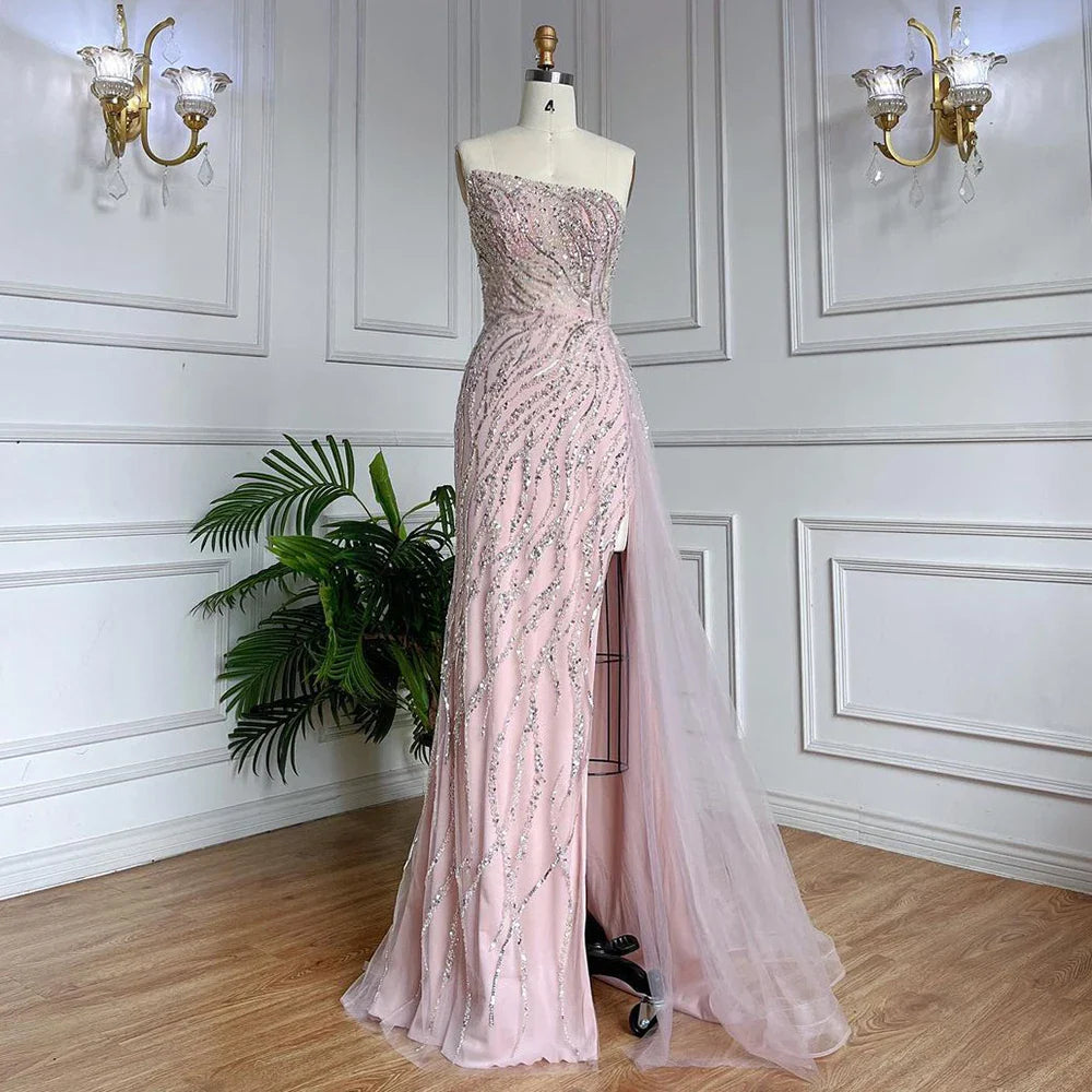 Vestidos de noche elegantes de sirena árabe rosa de lujo con cuentas y sin tirantes 2025 para mujer fiesta LA71795 