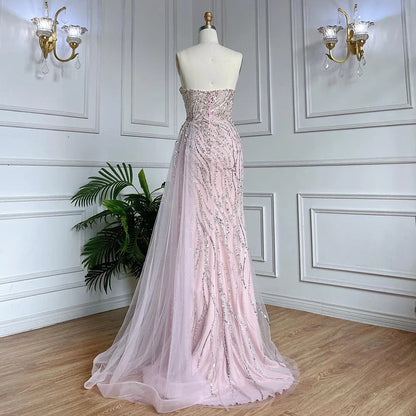 Vestidos de noche elegantes de sirena árabe rosa de lujo con cuentas y sin tirantes 2025 para mujer fiesta LA71795 
