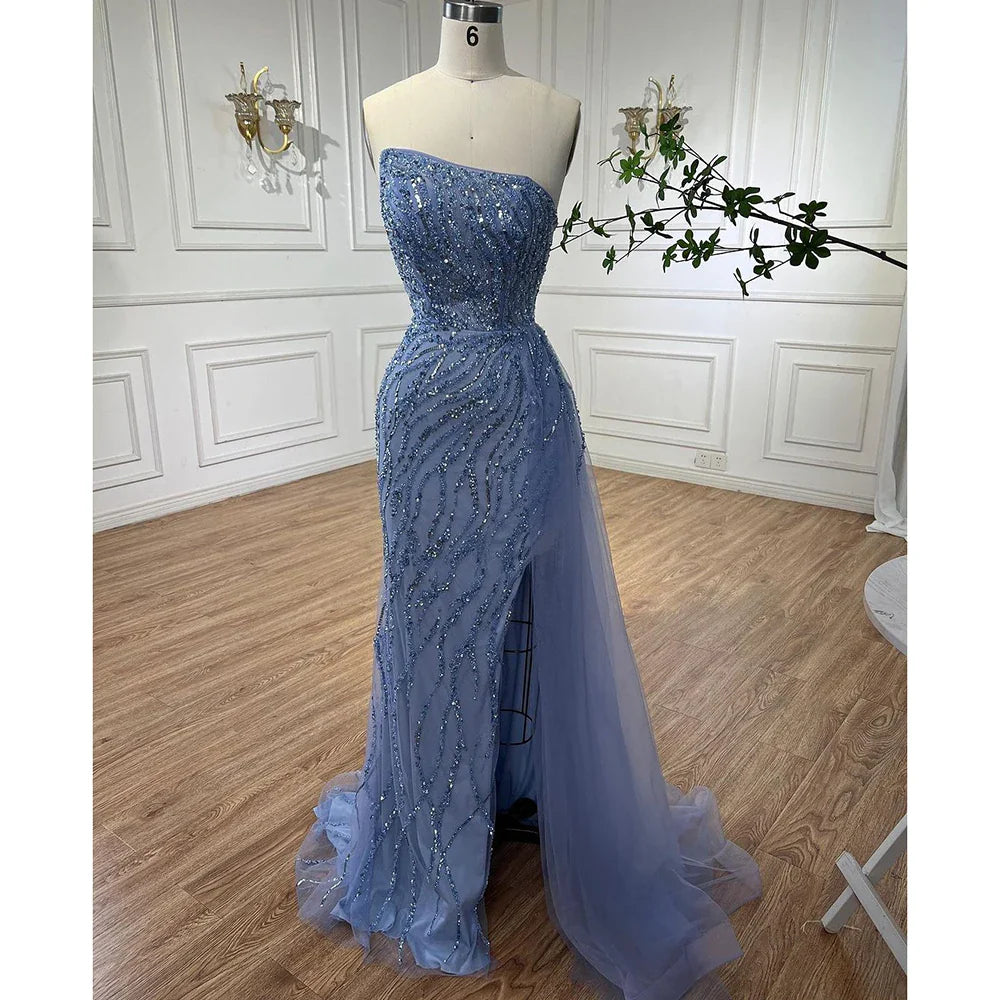 Vestidos de noche elegantes de sirena árabe rosa de lujo con cuentas y sin tirantes 2025 para mujer fiesta LA71795 